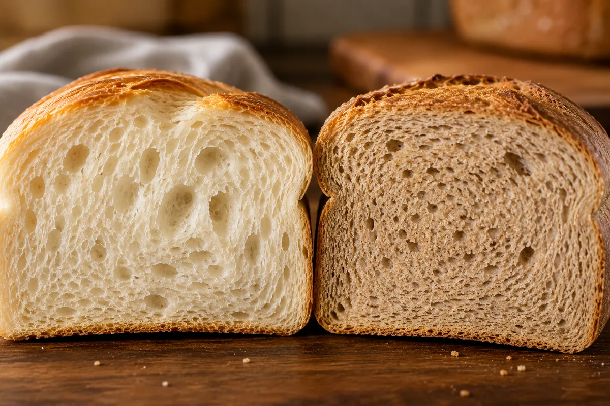 Close-up comparison of fresh soft bread and firmer stale bread crumb
