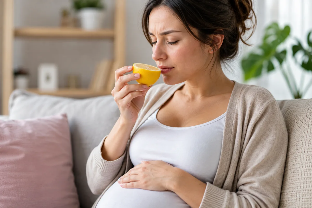Pregnant woman smelling a lemon while experiencing heightened sensitivity to smells