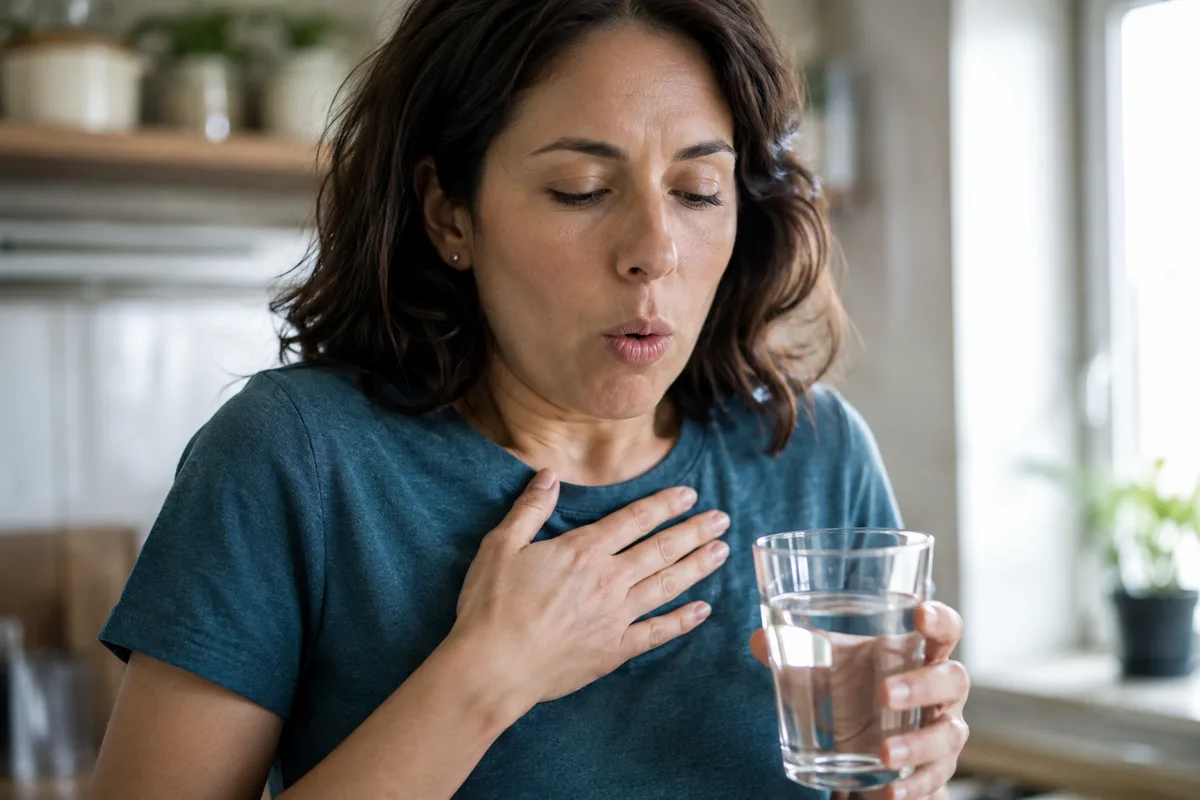 Woman experiencing hiccups while holding a glass of water