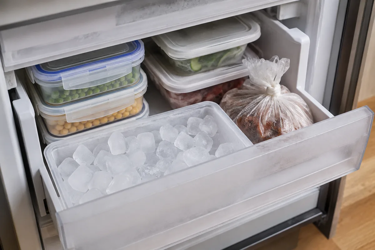 Freezer drawer with ice cubes and sealed food containers stored nearby