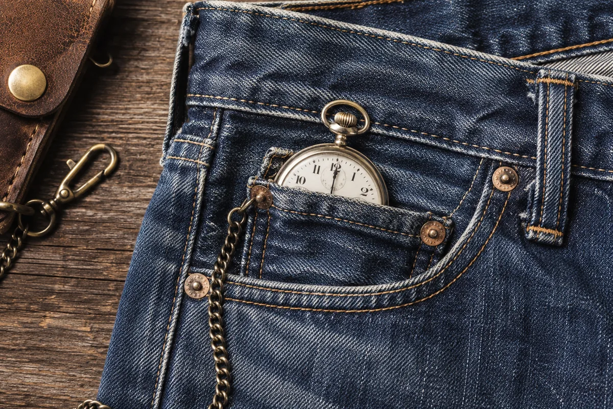 Vintage-style blue jeans beside a traditional pocket watch showing the original purpose of the small pocket