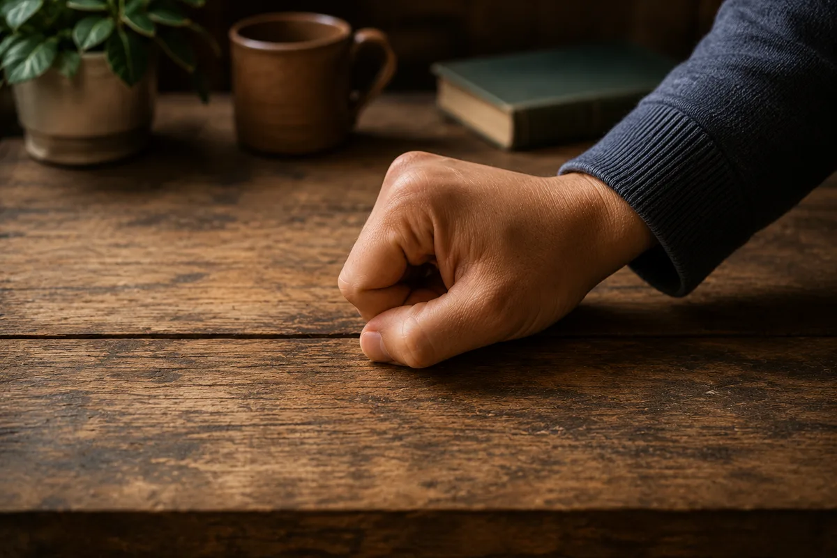 Hand knocking on an old wooden surface as part of the knock on wood tradition
