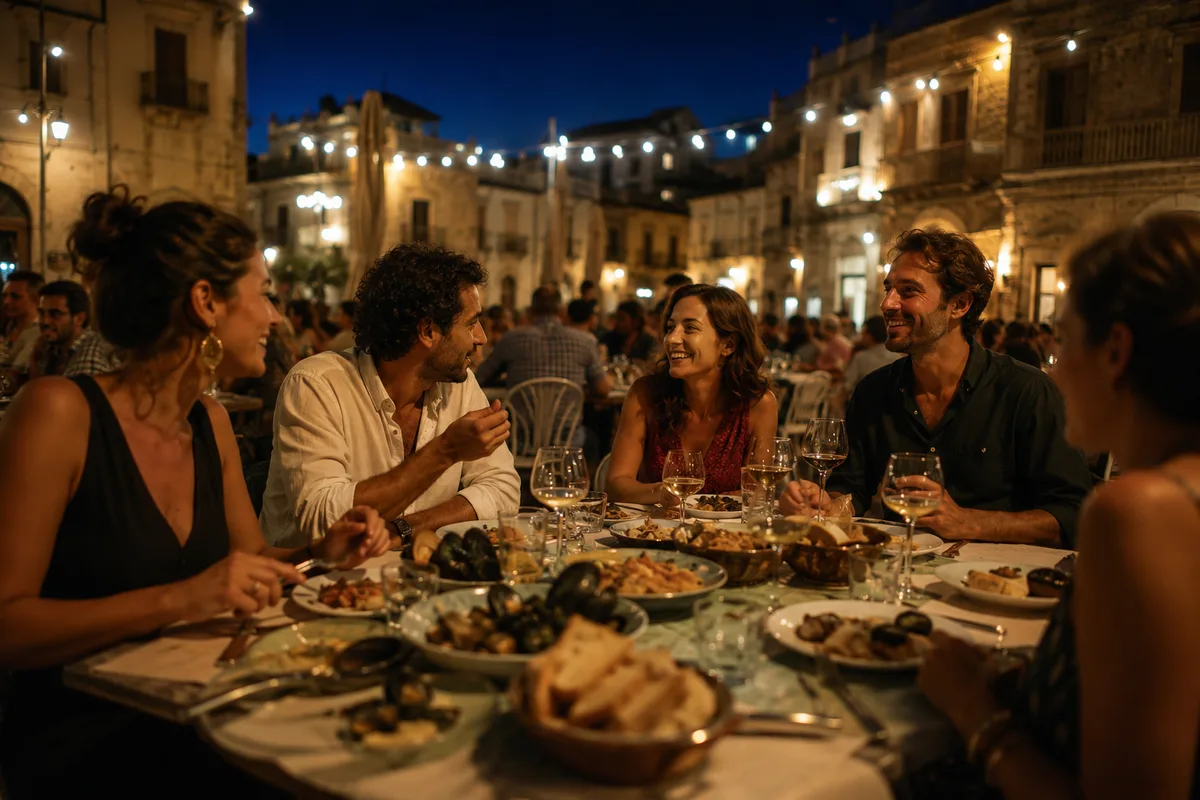 People sharing dinner at outdoor restaurant tables after sunset