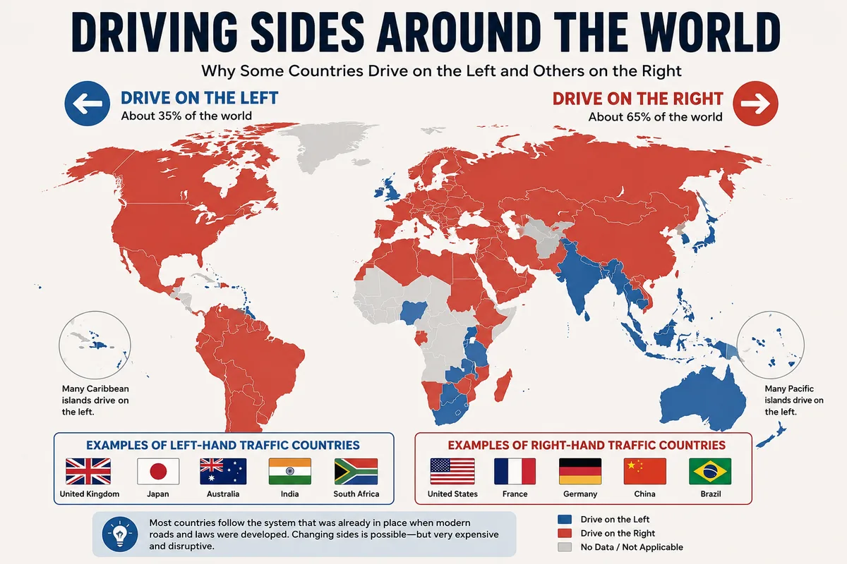World map showing countries that drive on the left and countries that drive on the right