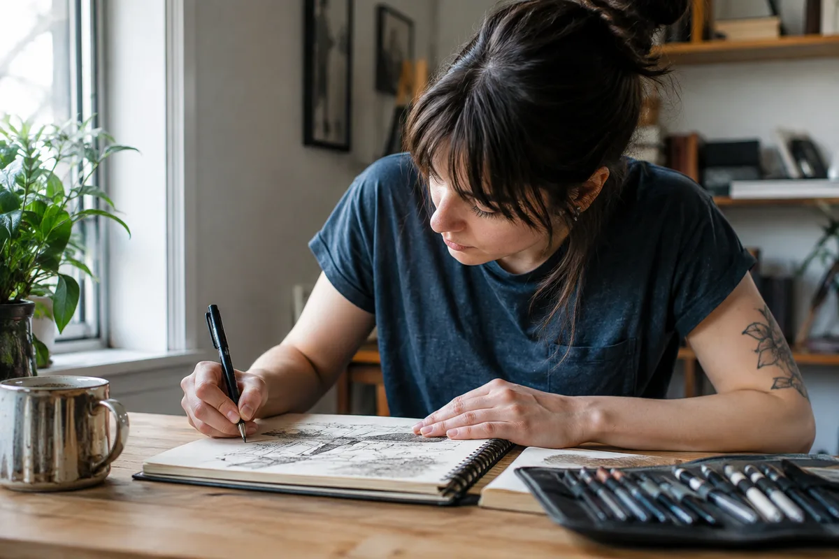 Person writing naturally with the left hand at a desk