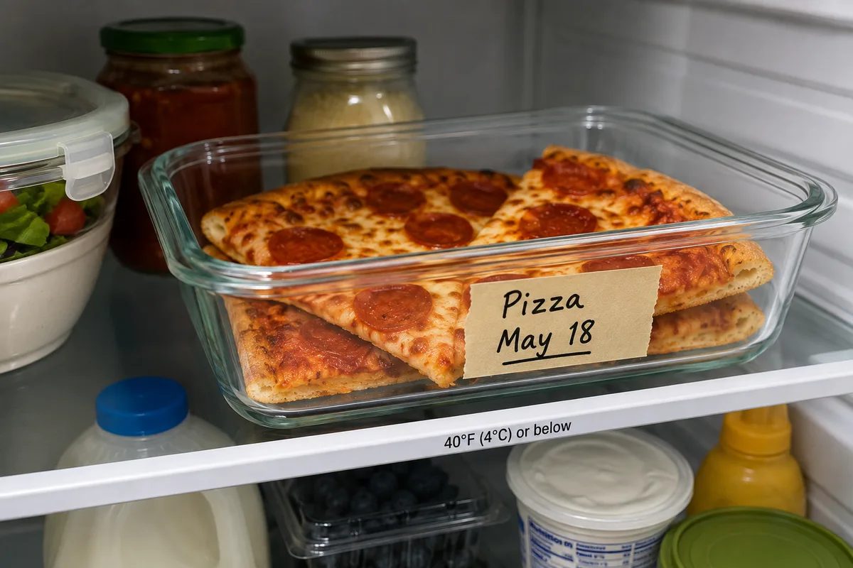 Leftover pizza stored in a covered container in the refrigerator at 40°F (4°C) or below