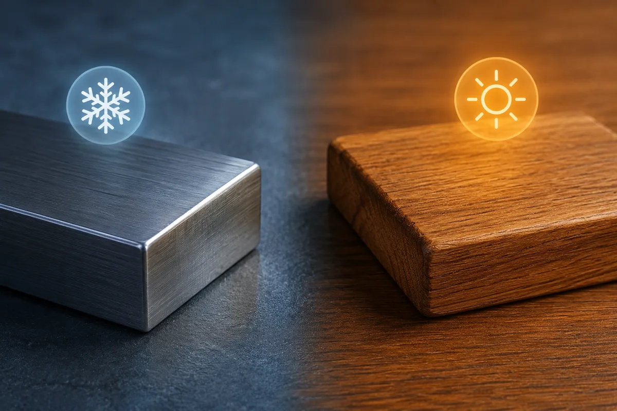 Metal and wood at the same temperature, illustrating why metal feels colder because it transfers heat away from the skin more quickly.