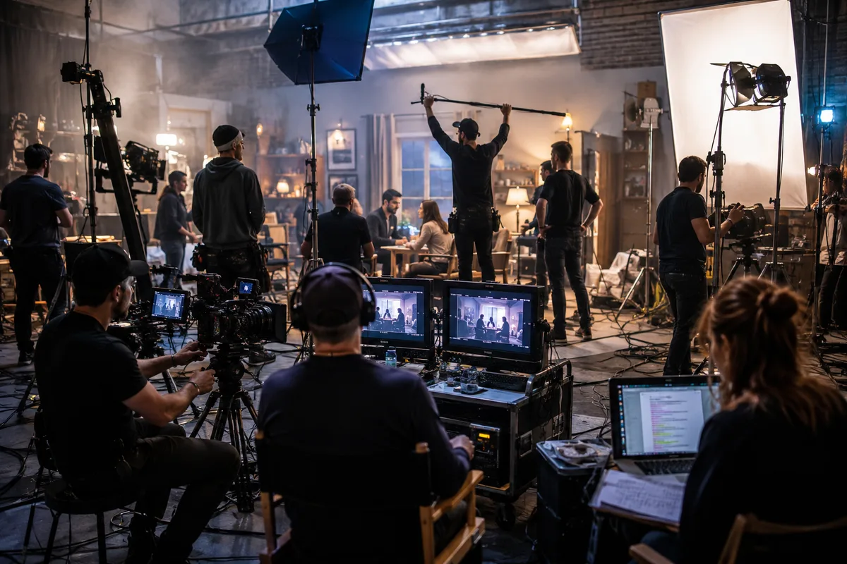Film production crew working with cameras, lighting and sound equipment on a movie set