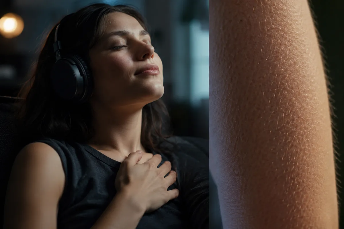 Listener wearing headphones during an intense emotional moment in a song