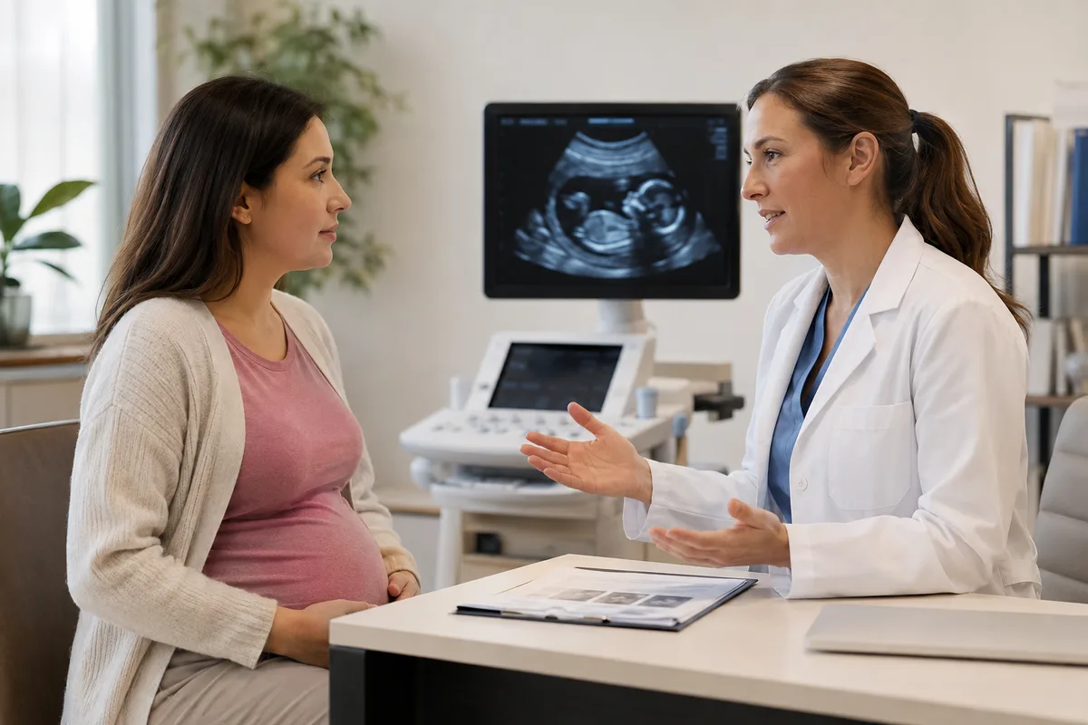 Pregnant woman talking with a doctor about prenatal genetic screening during a clinic visit.