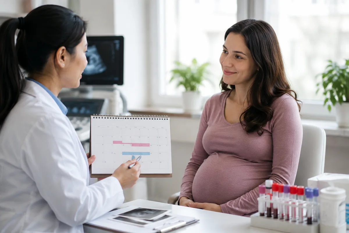 Healthcare professional explaining prenatal testing timing to a pregnant woman during a clinic visit.
