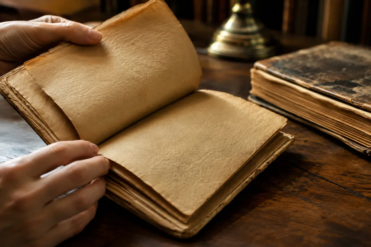 Close-up of yellowed pages in an old book showing the texture of aging paper