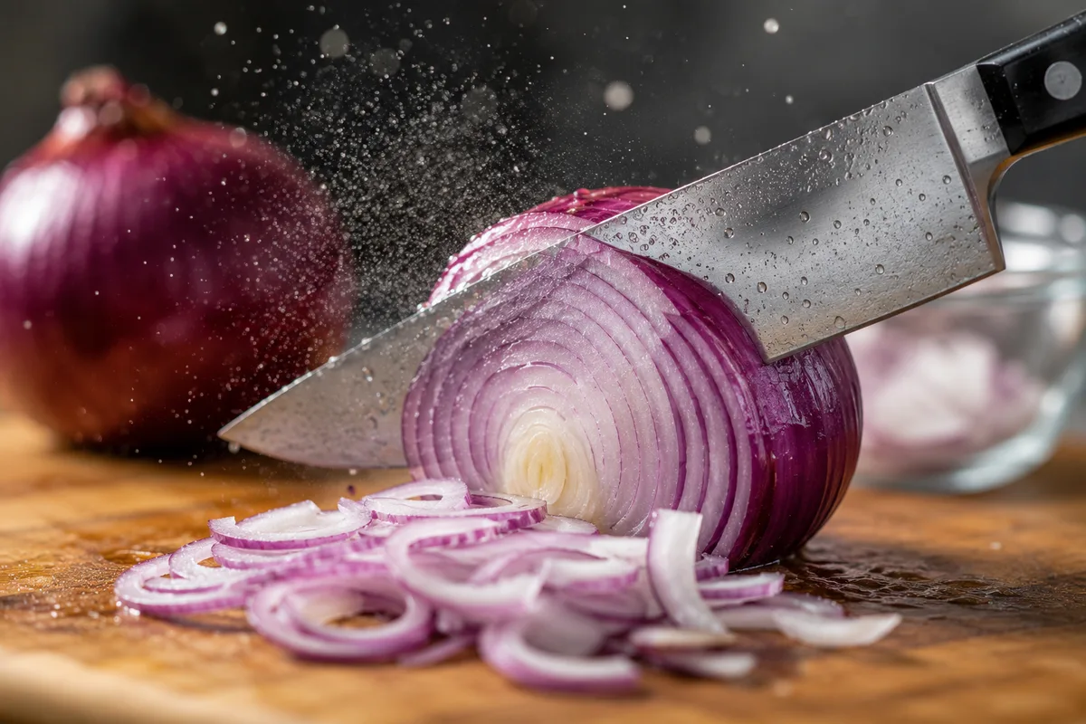 Fresh onion being sliced on a cutting board during the chemical reaction that causes tears
