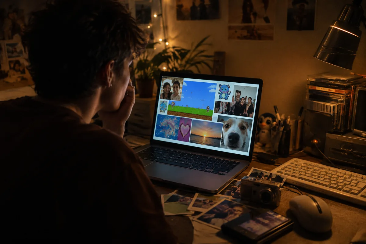 Young adult revisiting old digital memories and nostalgic internet content