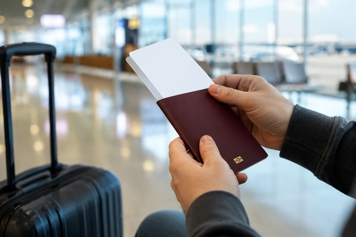 Traveler holding a passport and a blank boarding pass beside a suitcase in an airport terminal
