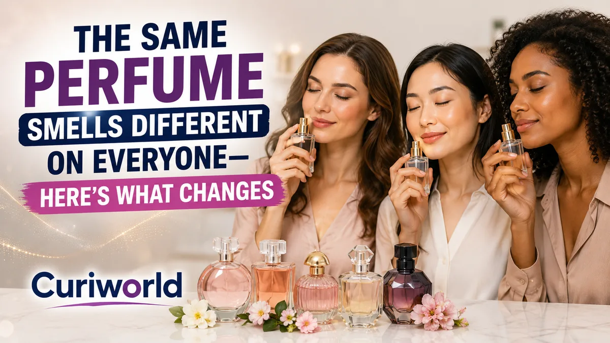 Perfume bottles and people testing fragrance on skin to compare how the scent develops differently