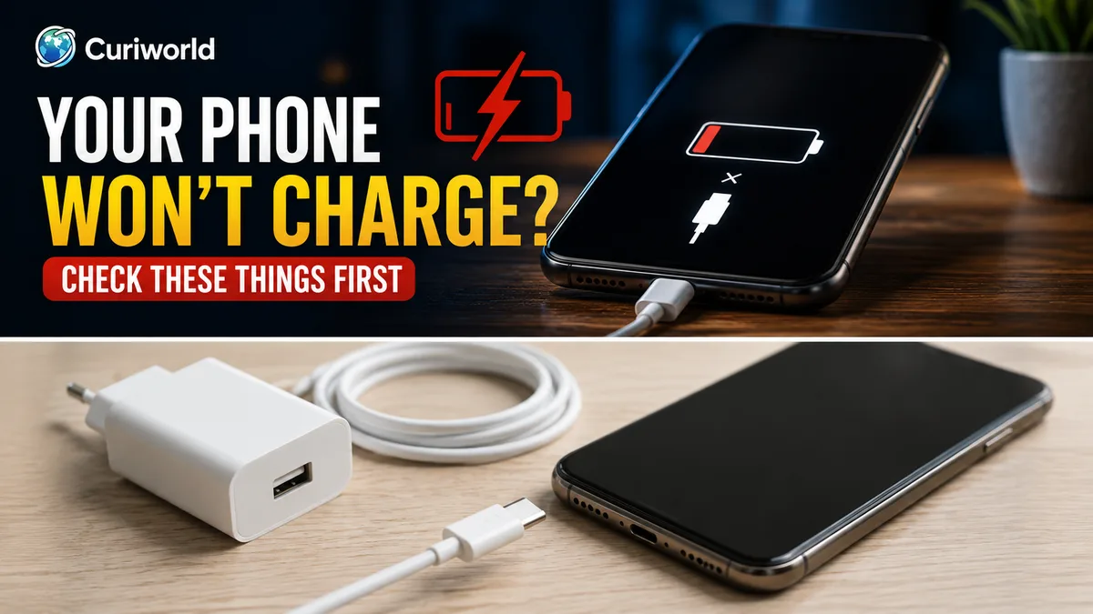 Person checking a smartphone charging cable and charging port after the phone fails to charge