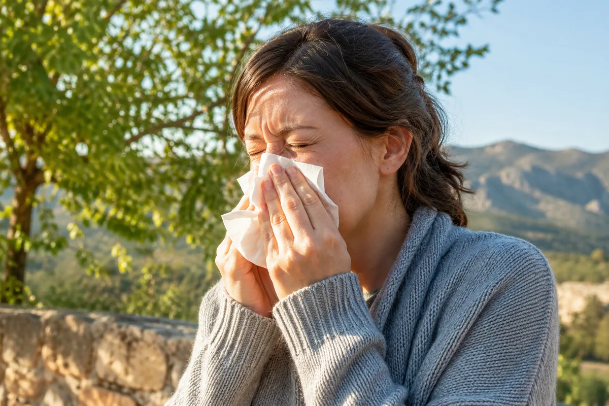 A woman sneezing into a tissue while standing in bright sunlight