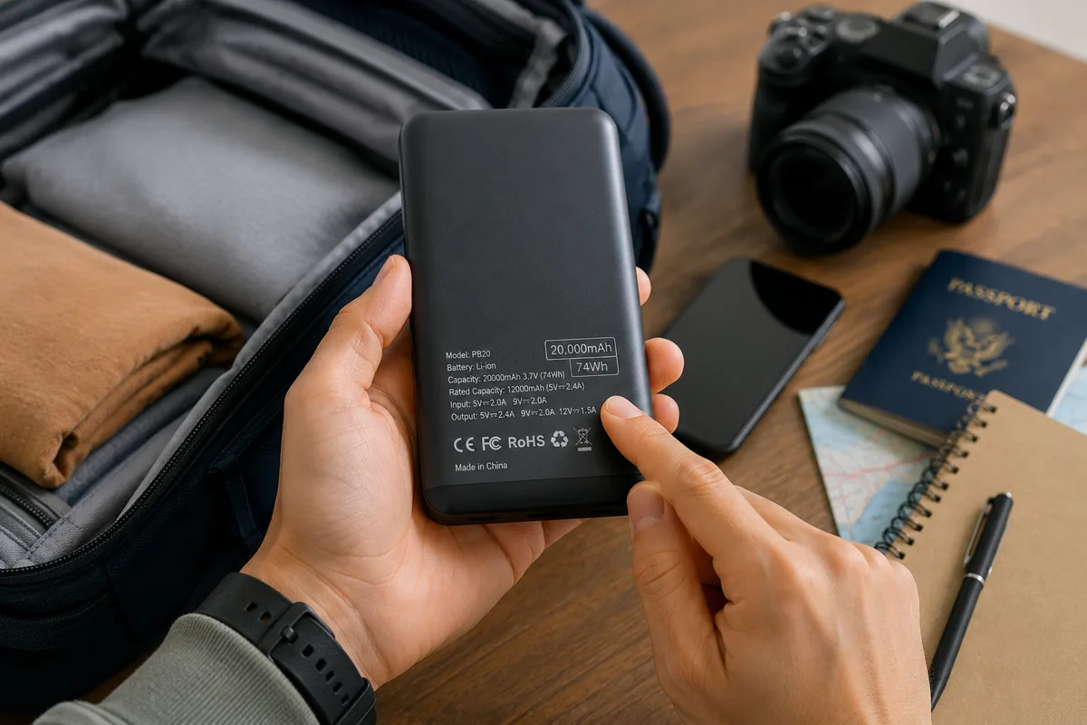 Traveler checking the watt-hour rating on a power bank before a flight