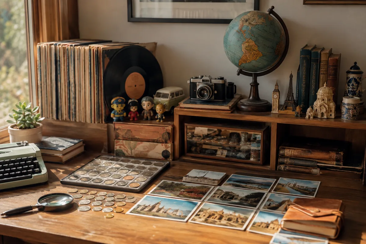 Organized collection of coins, postcards, records, books, and nostalgic objects displayed on shelves