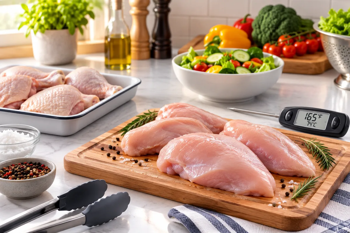 Raw chicken prepared with a food thermometer showing the safe cooking temperature of 165°F (74°C)