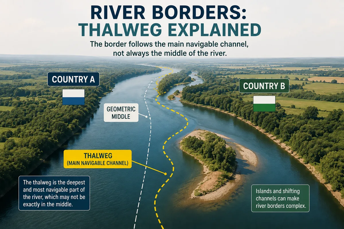 River boundary showing how the international border can follow the main navigable channel or thalweg