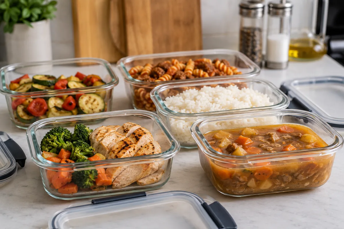Cooked leftovers divided into shallow containers for safe refrigerator storage