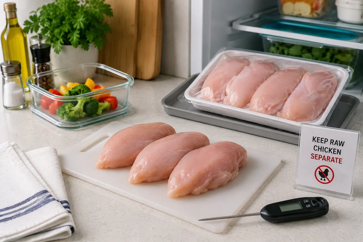 Raw chicken kept separate from vegetables and ready-to-eat foods during preparation