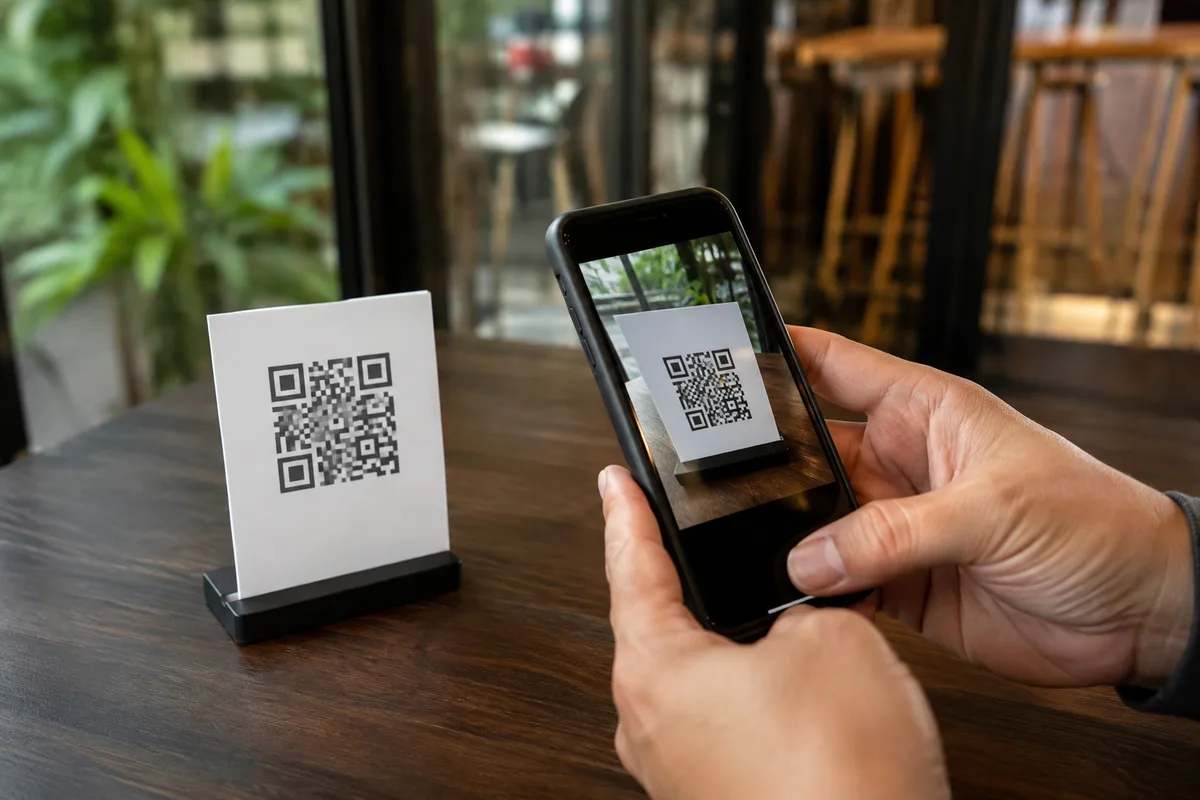 Person using a smartphone to scan a QR code on a table in a cafe
