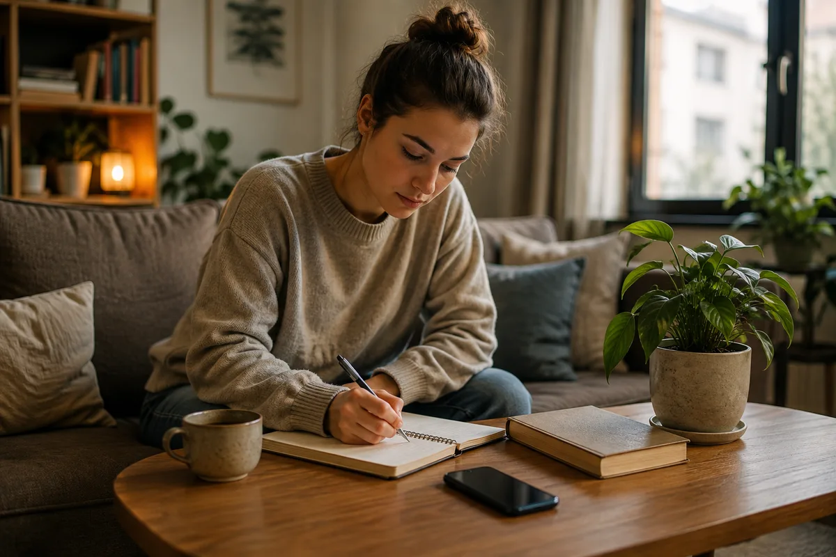A person reading a book under warm evening light while a smartphone rests unused on a distant dresser.