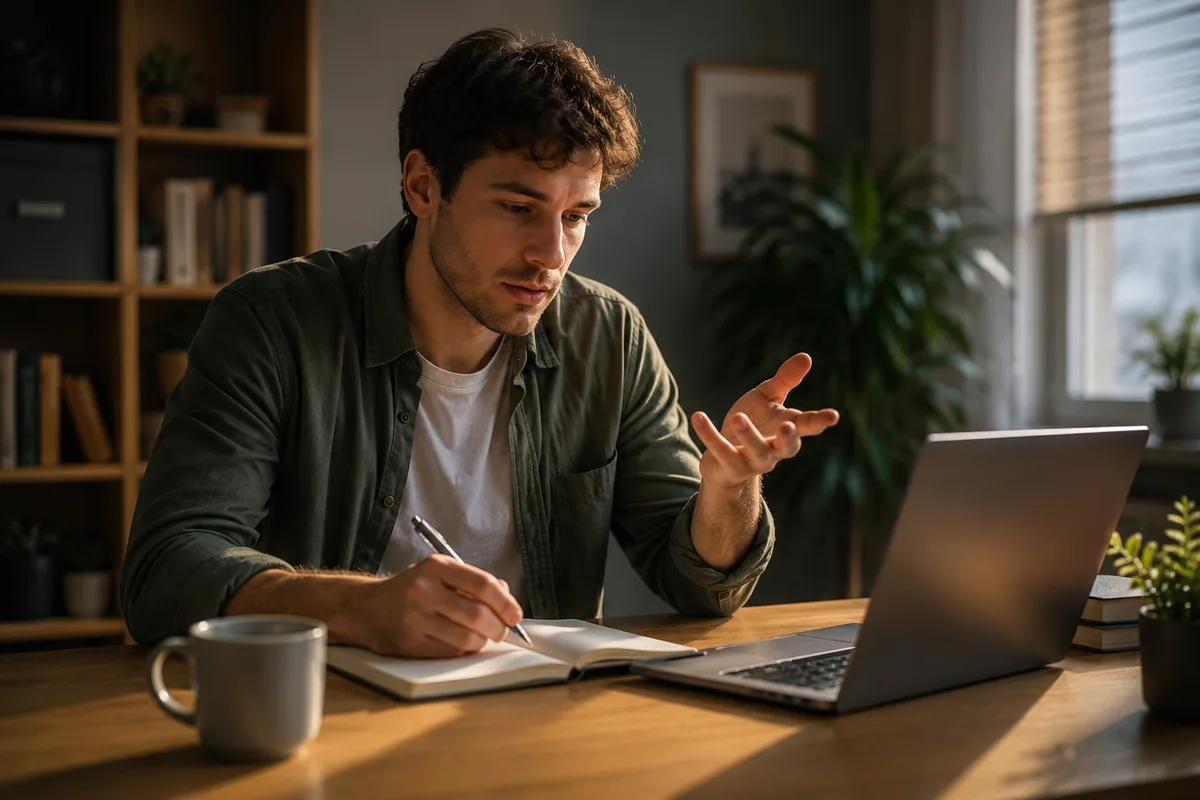 A man talking to himself while taking notes and working at a desk