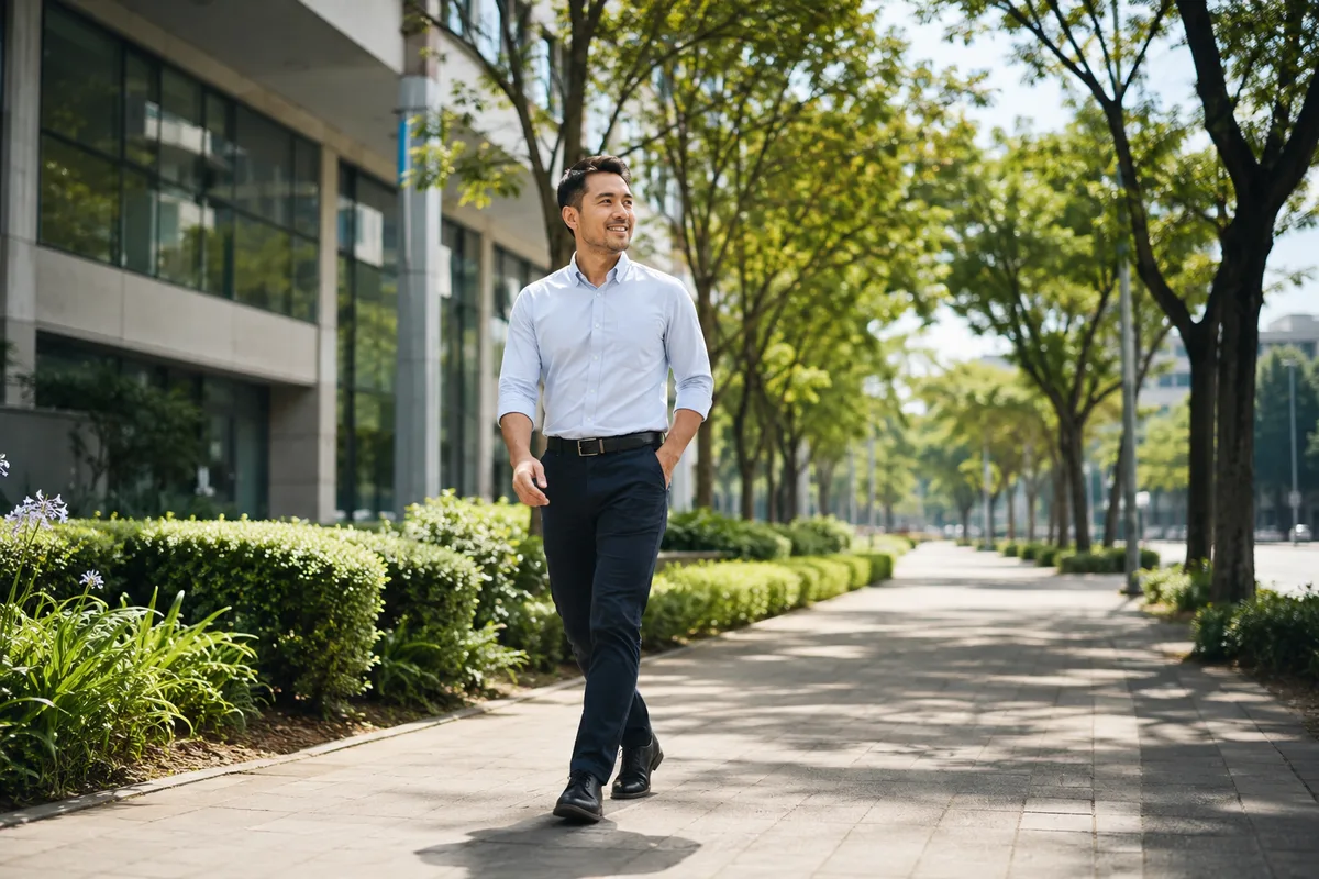 Person taking a short outdoor walk in daylight after lunch