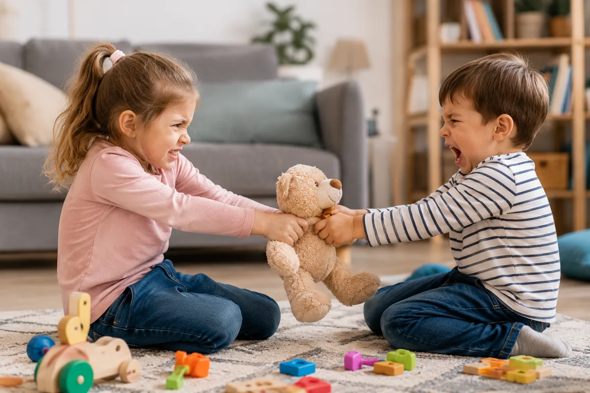 Brother and sister fighting over a teddy bear while playing together at home