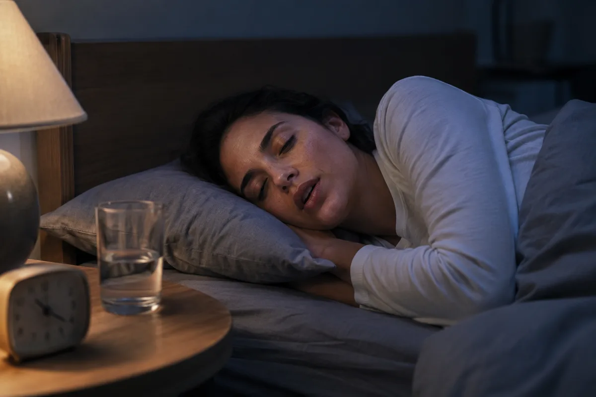 Sleeping person appearing to speak while resting in bed at night
