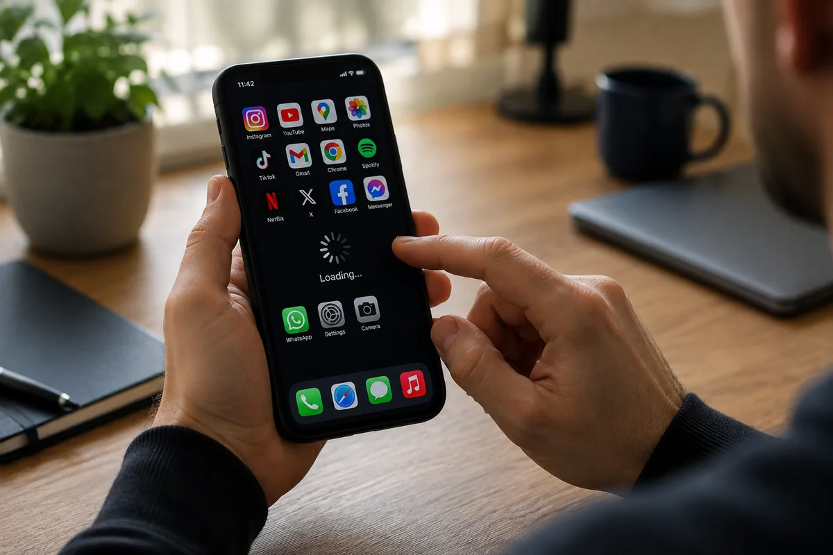Person using a slow smartphone while multiple apps are open