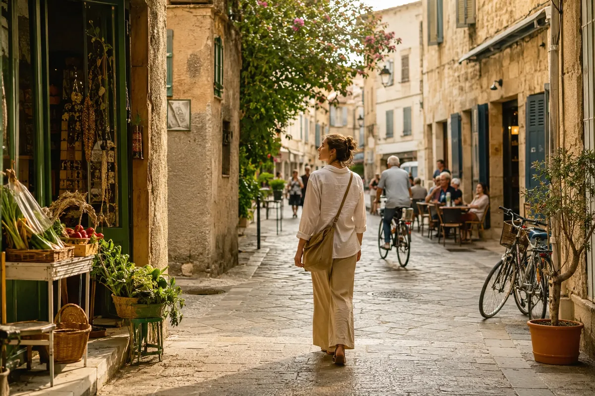 Traveler exploring a quiet local neighborhood during a slow travel experience