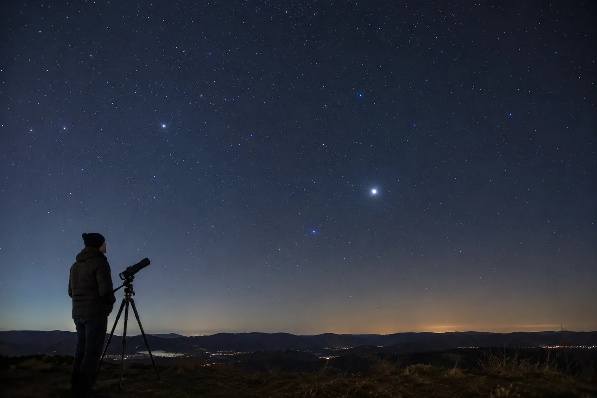 Person using a telescope under a clear night sky filled with stars and a bright planet