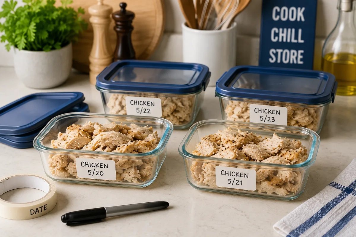 Cooked chicken divided into containers for safe refrigerator storage