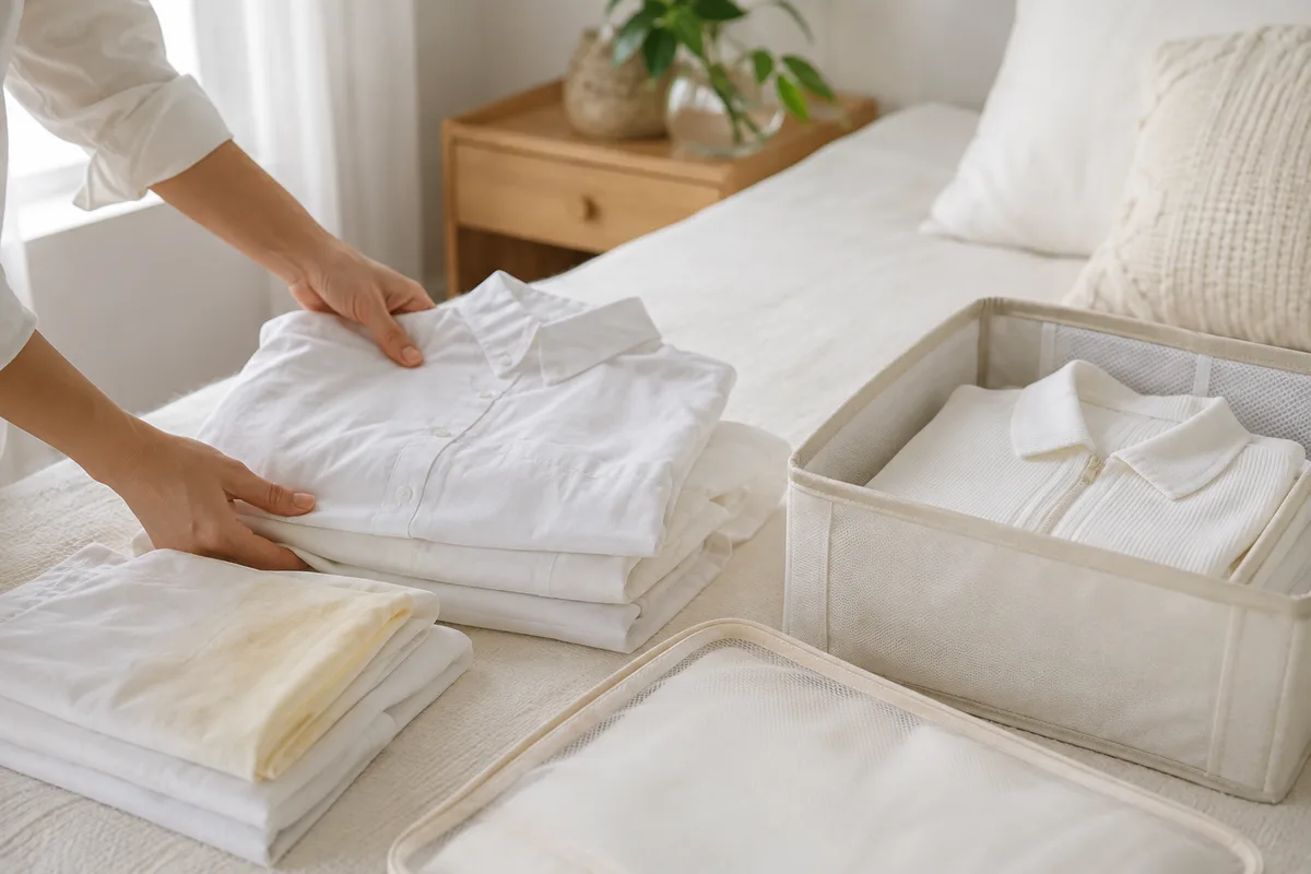 Clean white clothes being folded and placed into a breathable storage container