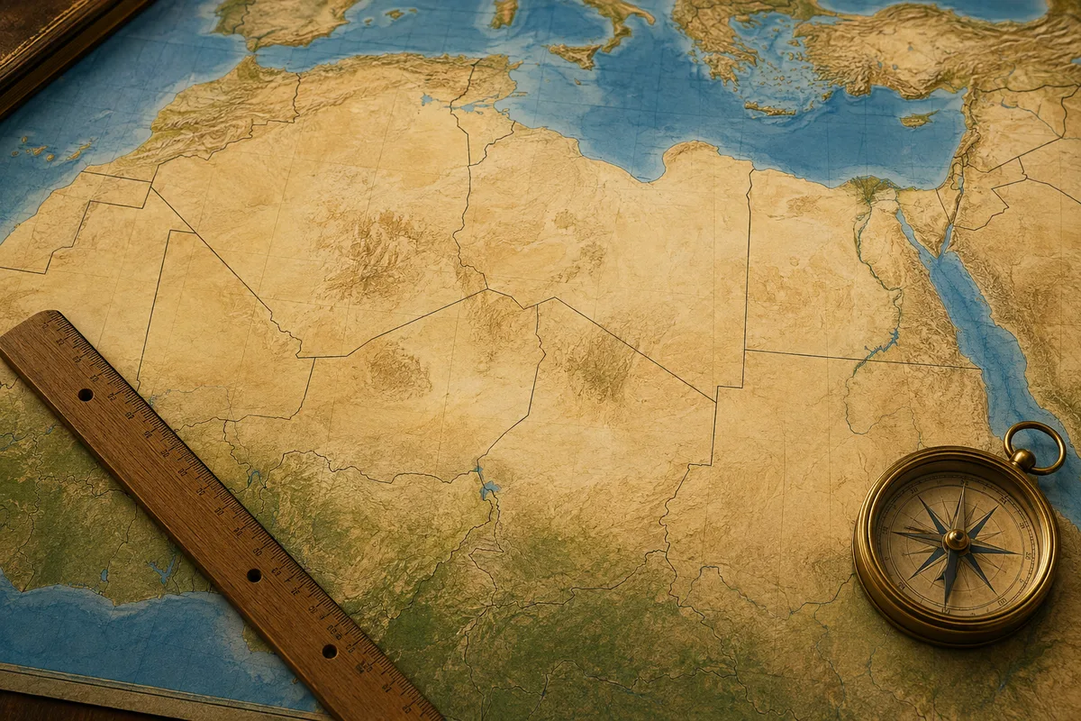Map of North Africa showing straight borders shaped by latitude, longitude, geography, and historical political agreements