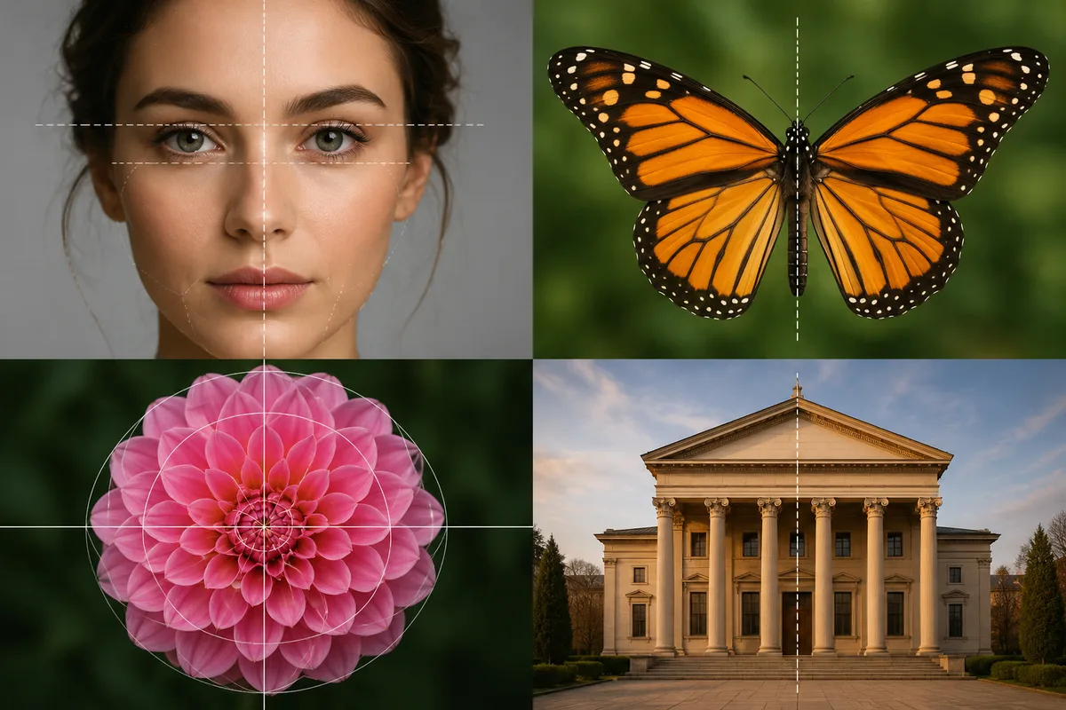 Visual comparison of symmetrical patterns in a human face, butterfly, flower, and architecture