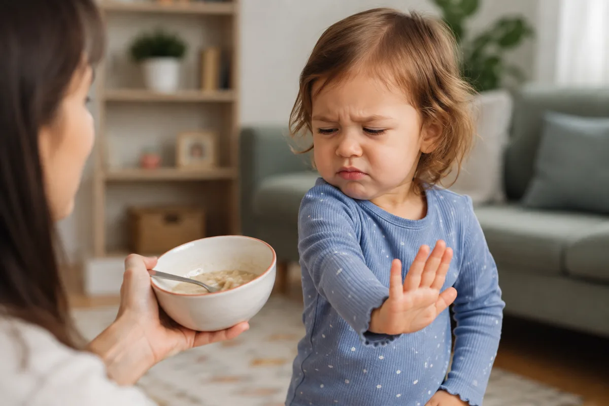 A toddler refusing a parent’s request, a common behavior as young children begin expressing independence and personal preferences.