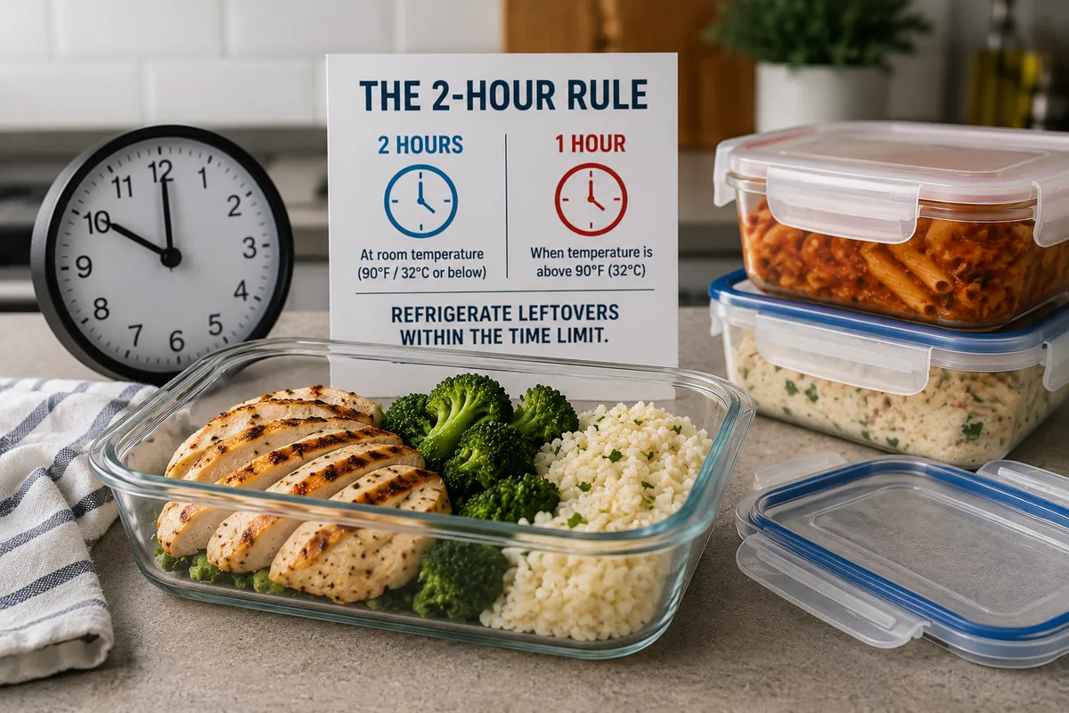 Cooked leftovers in storage containers illustrating the 2-hour rule for refrigeration