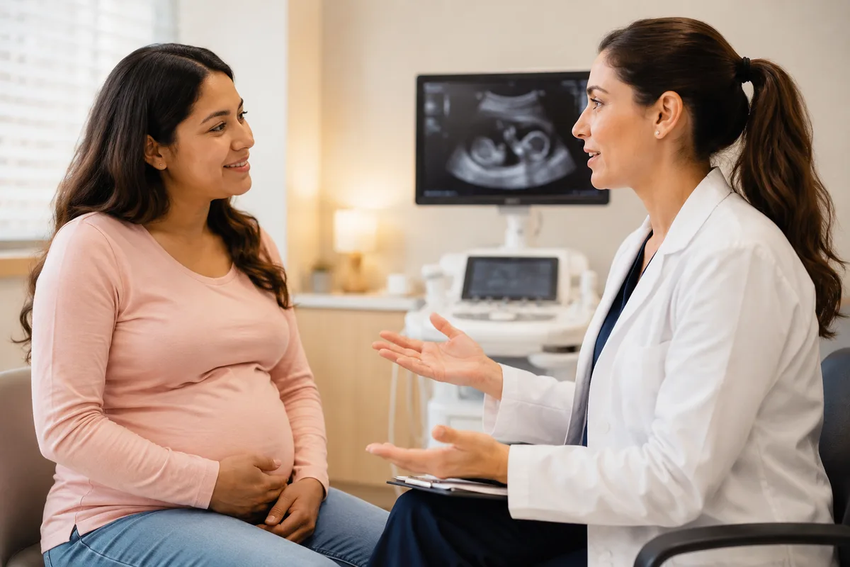 Doctor explaining fetal DNA test results to a pregnant woman during a prenatal consultation.