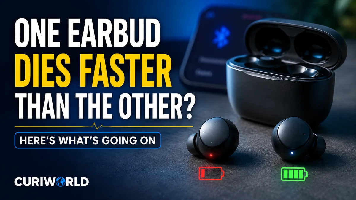 Two wireless earbuds beside a charging case showing uneven battery performance