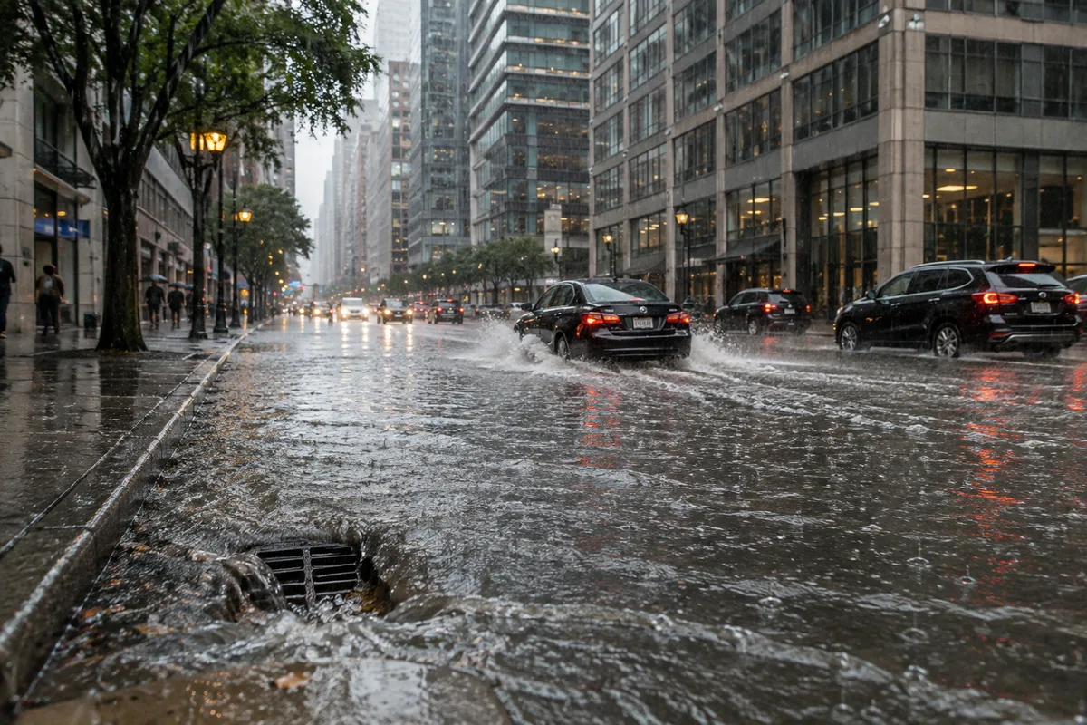 Stormwater flooding a city street as cars move through heavy rainfall