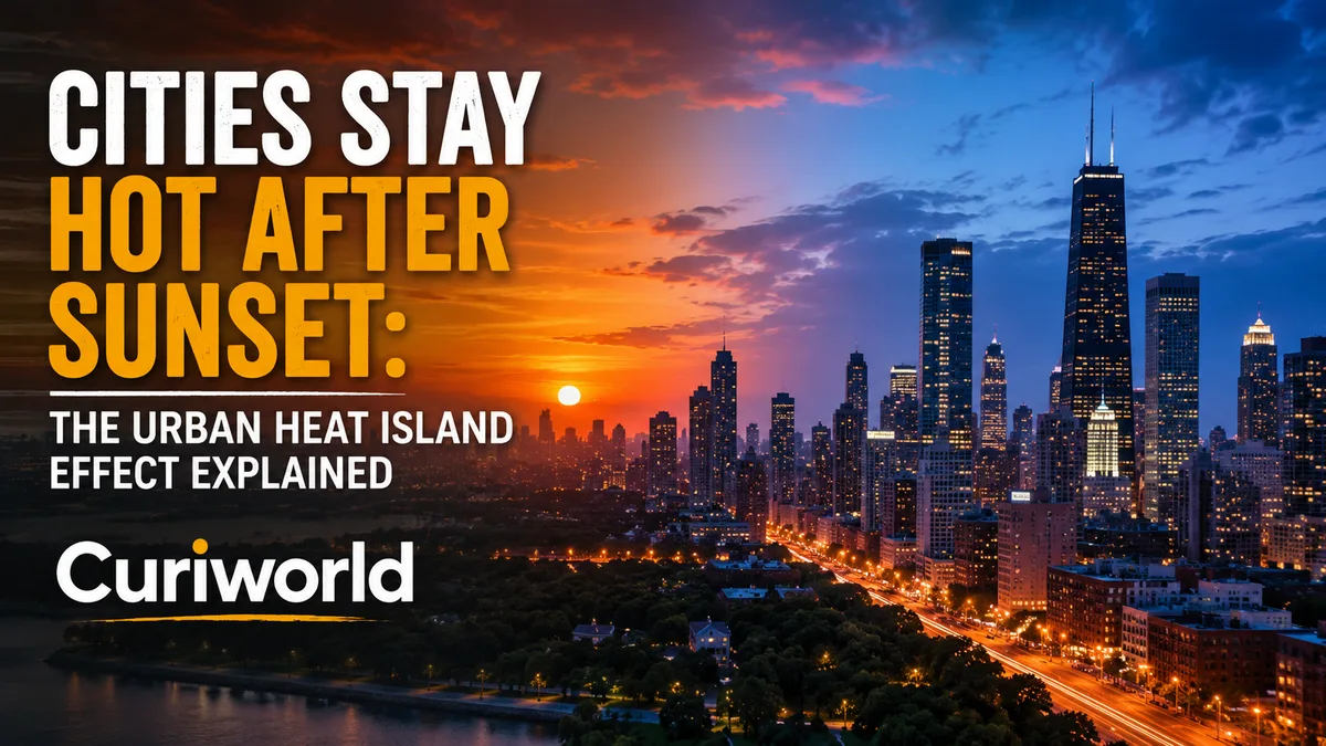 Dense city streets and buildings retaining heat after sunset while surrounding areas cool