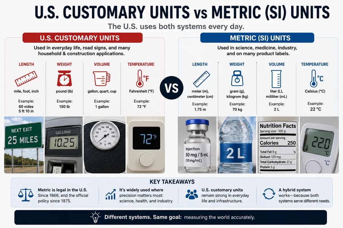 U.S. customary units compared with metric units for length, weight, volume and temperature