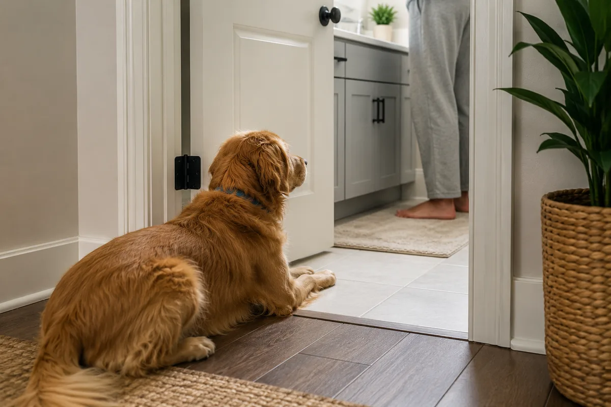 Dog waiting outside a bathroom door while following its owner around the house