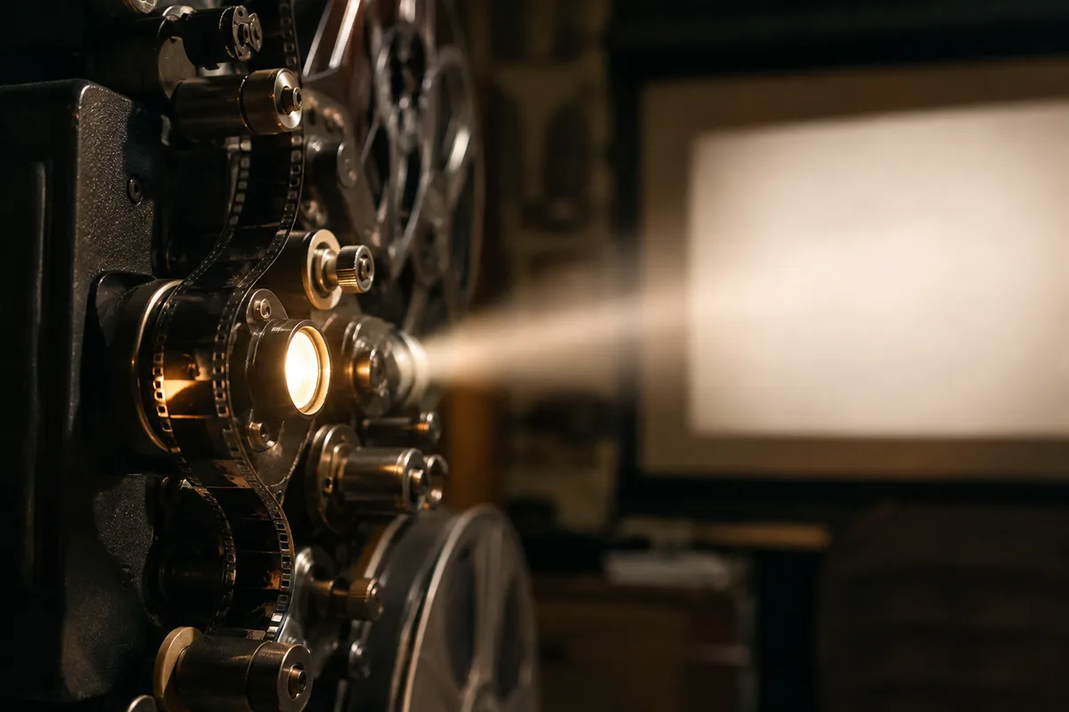 Vintage cinema projector running film toward a movie screen in a dark theater